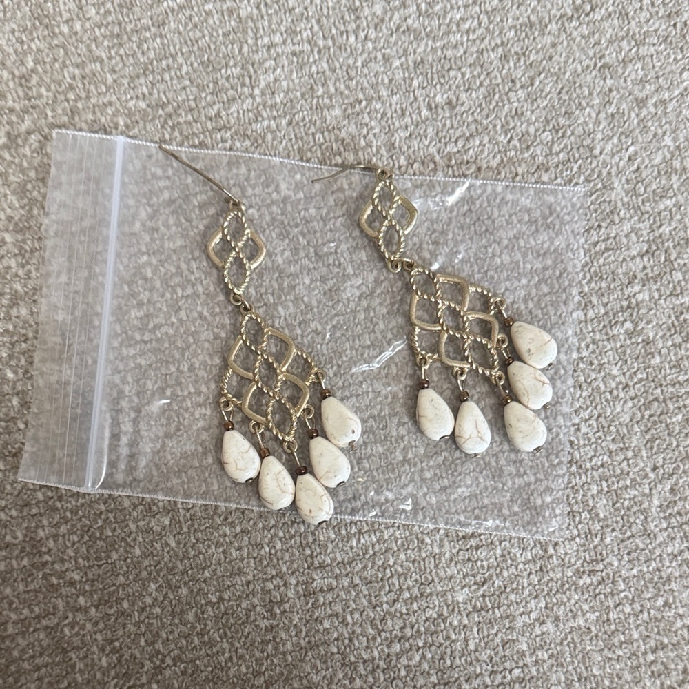 Gold Double Tier Cream Stone Dangle Earrings